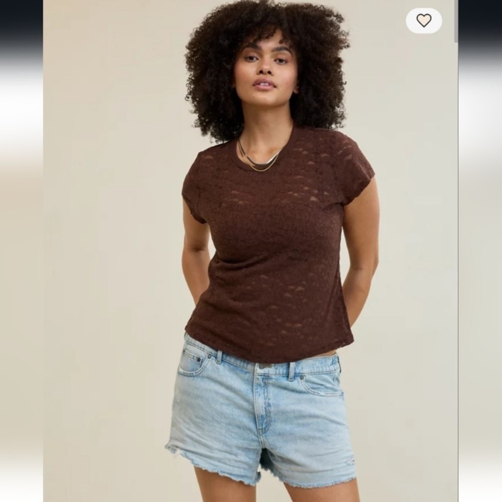 Aerie Chocolate Brown Lace Classic Short Sleeve Top T-Shirt NEW Women’s Size L